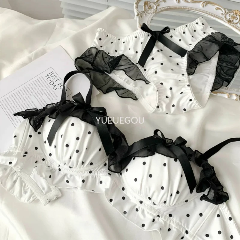 Women's Cute Bow & Polka Dot Bra Set - No Wire Push Up for Petite Chest, Comfort Lace Underwear Set (2-Piece)