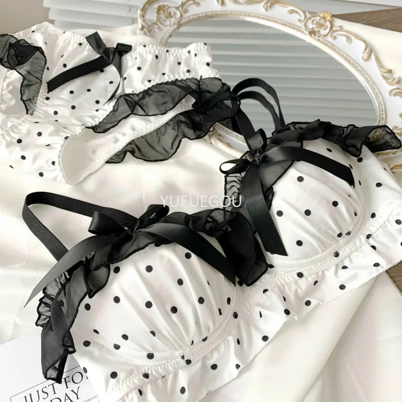 Women's Cute Bow & Polka Dot Bra Set - No Wire Push Up for Petite Chest, Comfort Lace Underwear Set (2-Piece) thumbnail 4