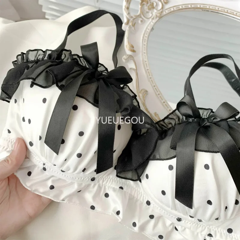 Women's Cute Bow & Polka Dot Bra Set - No Wire Push Up for Petite Chest, Comfort Lace Underwear Set (2-Piece) thumbnail 6