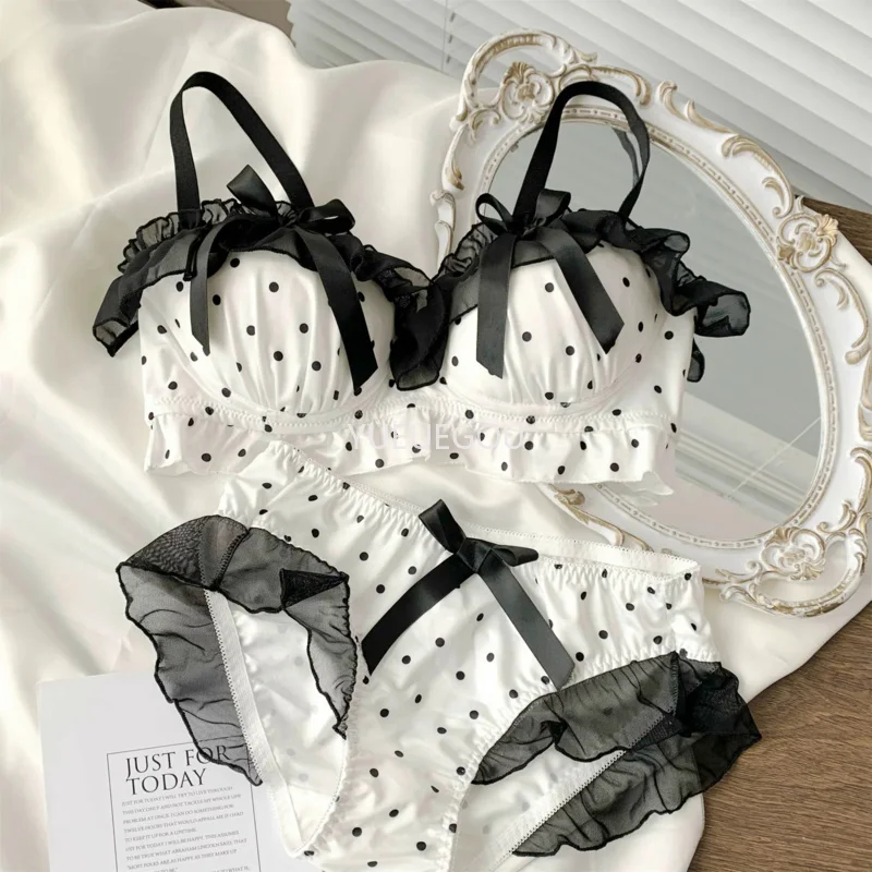 Women's Cute Bow & Polka Dot Bra Set - No Wire Push Up for Petite Chest, Comfort Lace Underwear Set (2-Piece) thumbnail 2