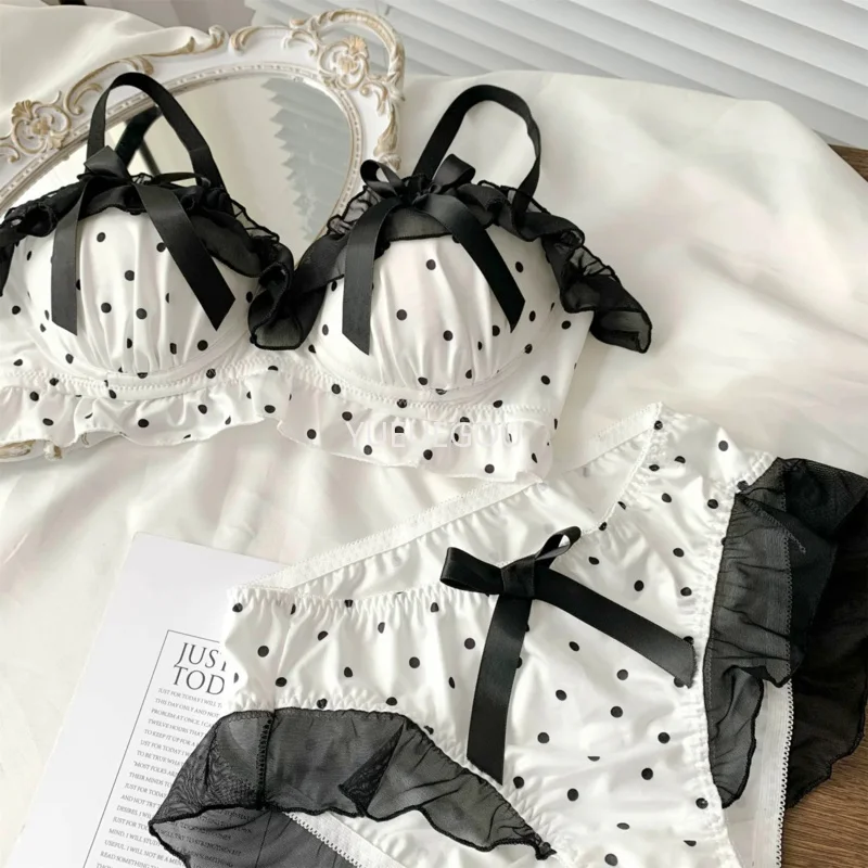 Women's Cute Bow & Polka Dot Bra Set - No Wire Push Up for Petite Chest, Comfort Lace Underwear Set (2-Piece) thumbnail 3
