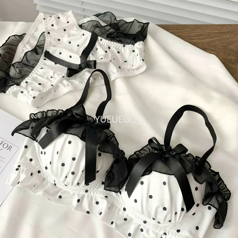 Women's Cute Bow & Polka Dot Bra Set - No Wire Push Up for Petite Chest, Comfort Lace Underwear Set (2-Piece) thumbnail 5