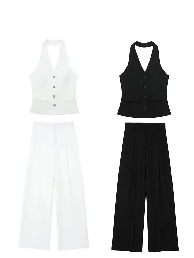 HH Women Fashion Solid Pant Suit Halter Single Breasted Sleeveless Blazer Vest Top Zipper Fly Trousers Office Lady Sets thumbnail 6