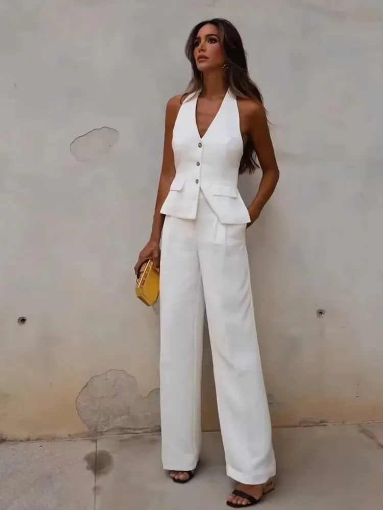 HH Women Fashion Solid Pant Suit Halter Single Breasted Sleeveless Blazer Vest Top Zipper Fly Trousers Office Lady Sets thumbnail 2