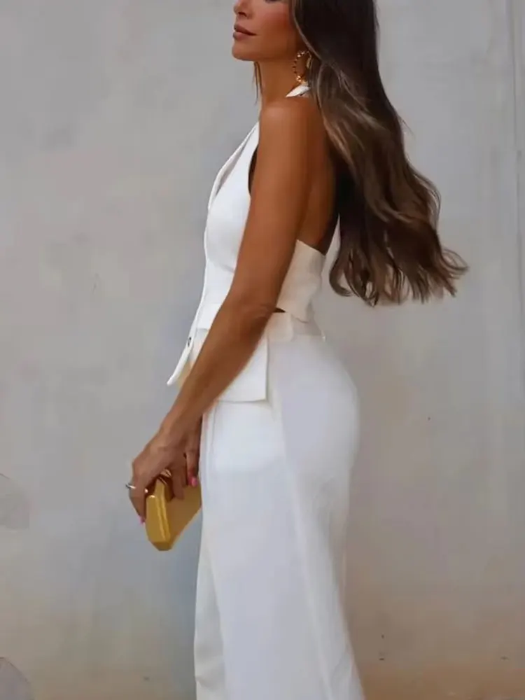 HH Women Fashion Solid Pant Suit Halter Single Breasted Sleeveless Blazer Vest Top Zipper Fly Trousers Office Lady Sets thumbnail 3