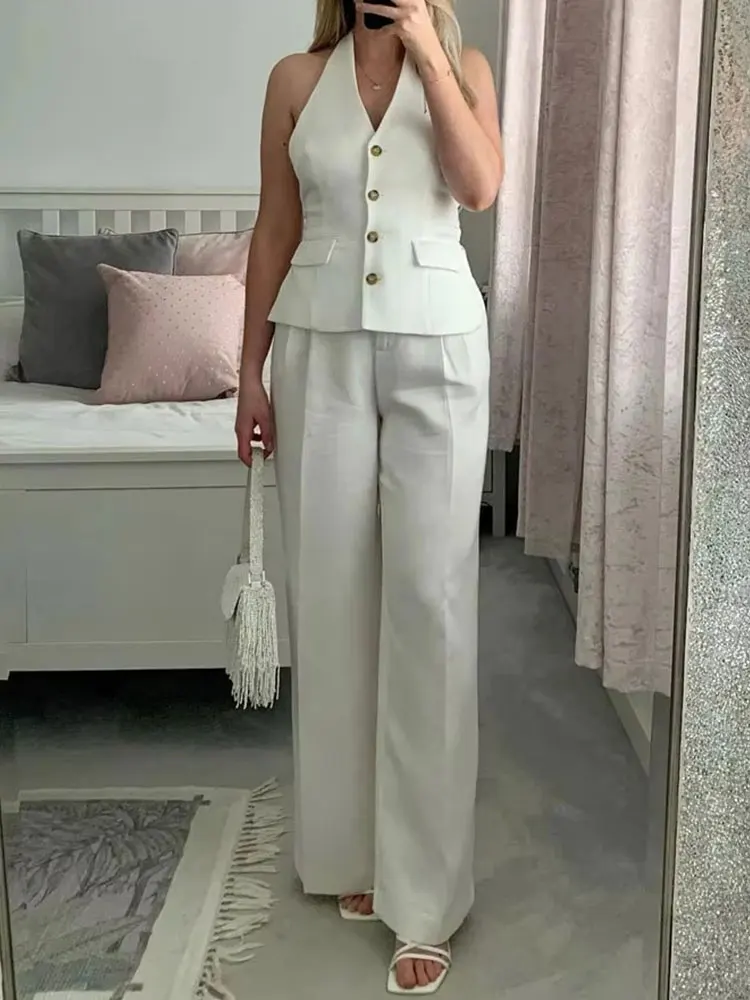 HH Women Fashion Solid Pant Suit Halter Single Breasted Sleeveless Blazer Vest Top Zipper Fly Trousers Office Lady Sets thumbnail 5