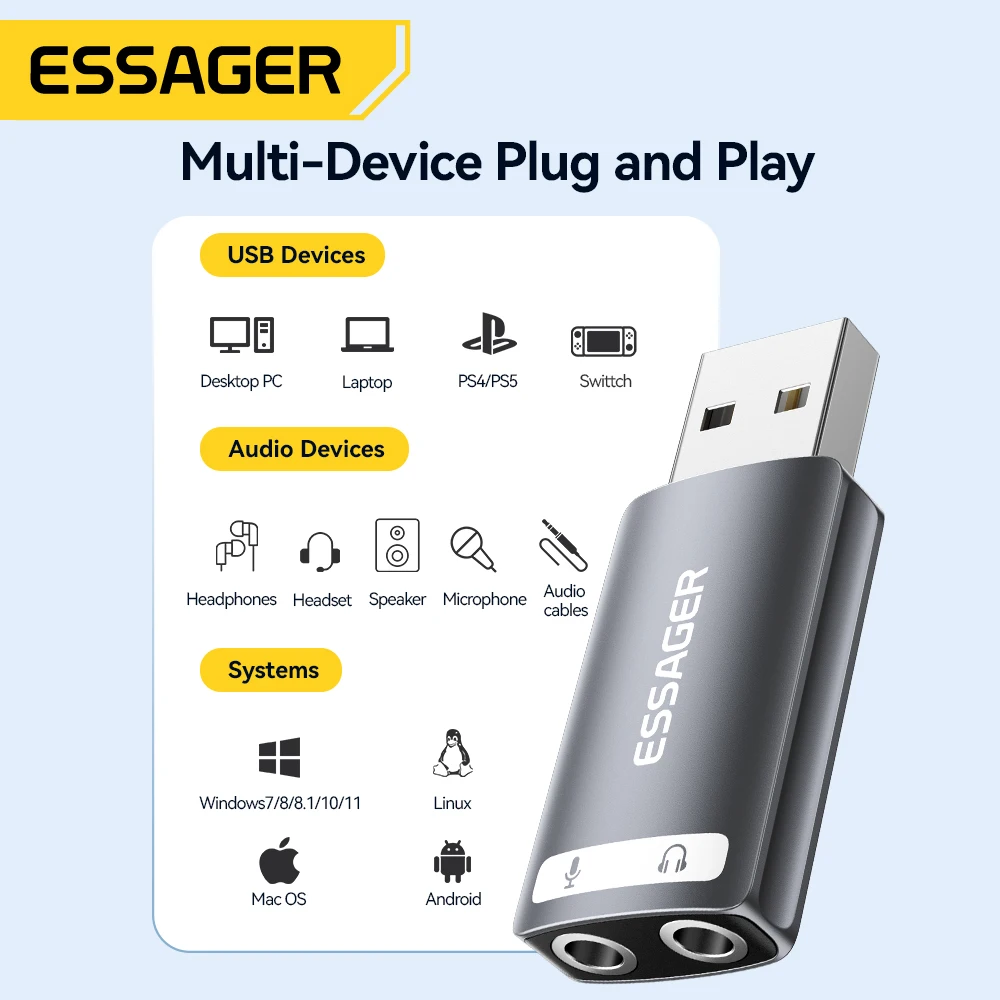 Essager External USB Sound Card To 3.5mm Mic Headphone Jack Stereo Headset Audio Microphone Adapter Speaker Interface For Laptop thumbnail 4