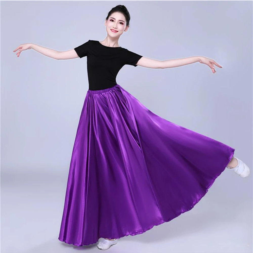 Spanish Skirt Belly Dance skirt Shining Satin Long Swing Dancing Skirt Sun Skirt Female Vestido Stage Performance Costume thumbnail 5