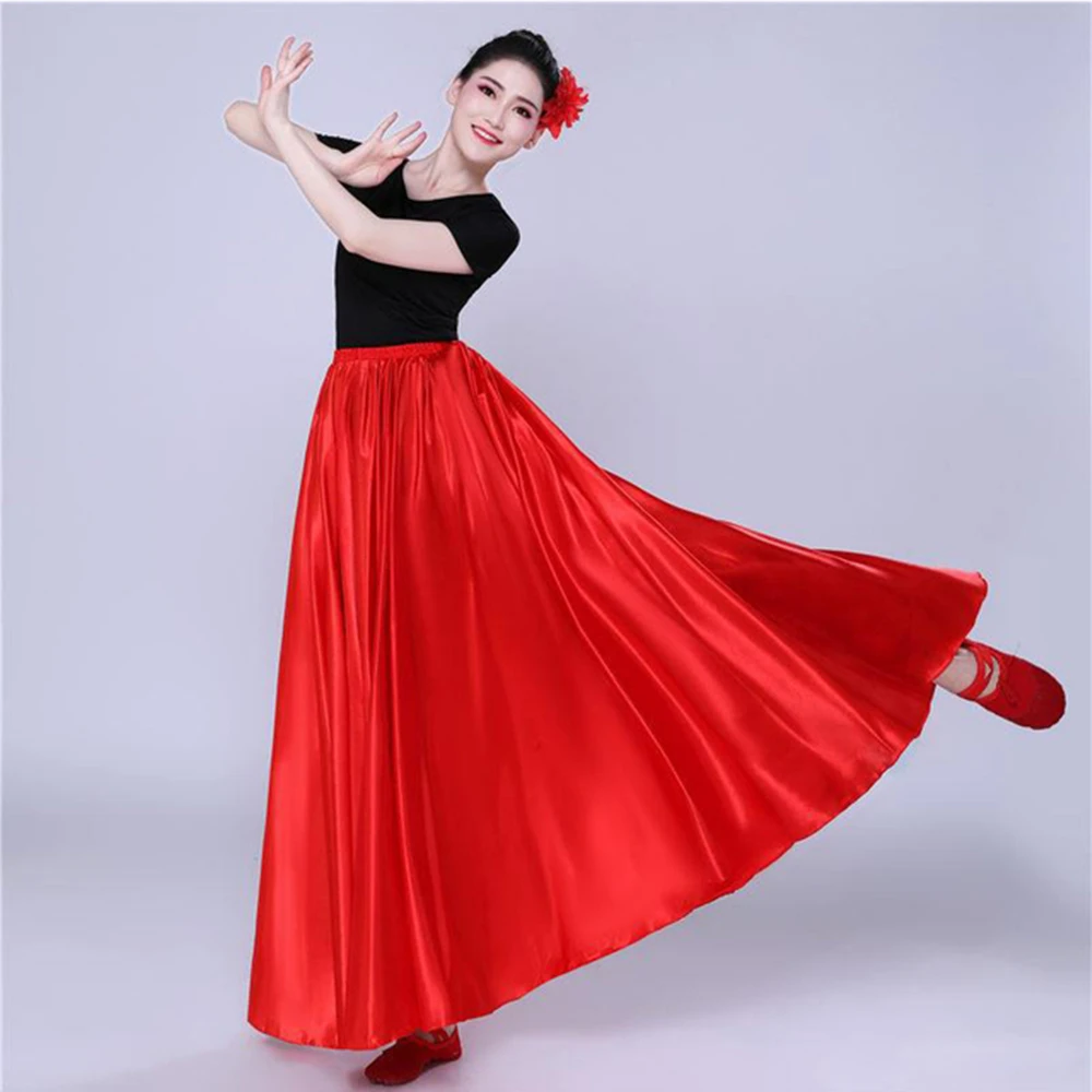 Spanish Skirt Belly Dance skirt Shining Satin Long Swing Dancing Skirt Sun Skirt Female Vestido Stage Performance Costume thumbnail 4