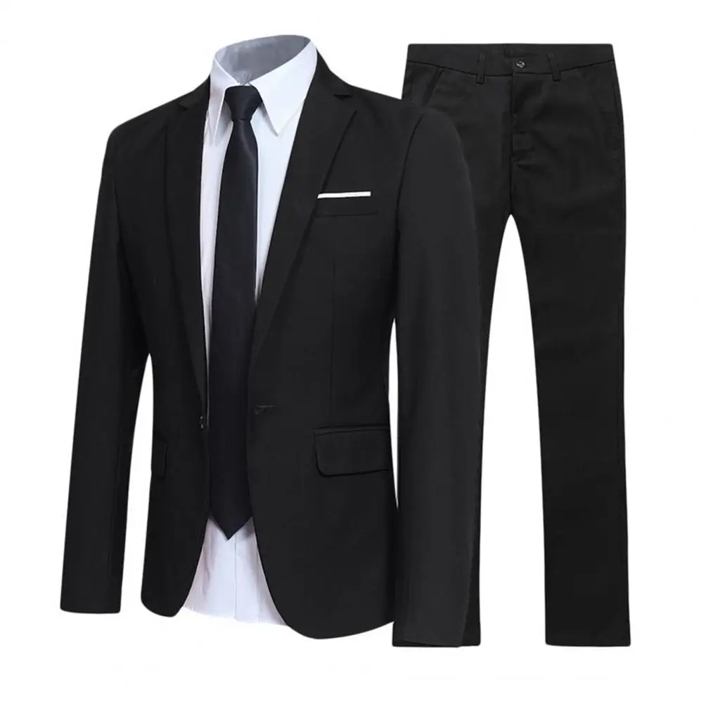 1 Set Men Jacket Pants Solid Color Turndown Collar Slim Fit Business Suit Set Groom Trousers for Wedding Office