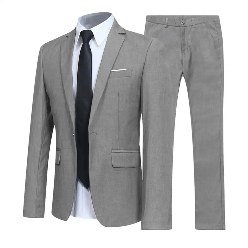 1 Set Men Jacket Pants Solid Color Turndown Collar Slim Fit Business Suit Set Groom Trousers for Wedding Office thumbnail 2