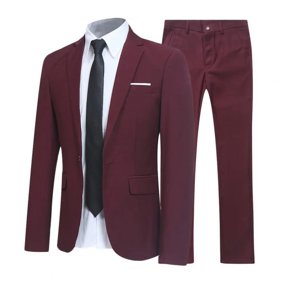 1 Set Men Jacket Pants Solid Color Turndown Collar Slim Fit Business Suit Set Groom Trousers for Wedding Office thumbnail 3