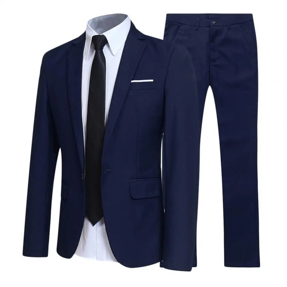1 Set Men Jacket Pants Solid Color Turndown Collar Slim Fit Business Suit Set Groom Trousers for Wedding Office thumbnail 4
