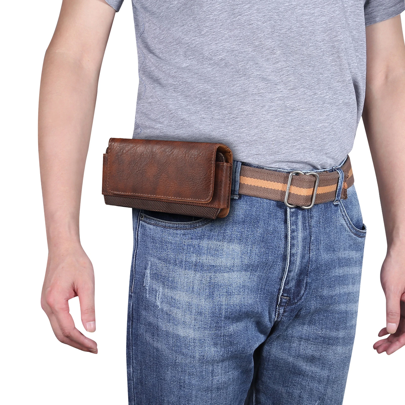 Cow Leather Mobile Phone Belt Clip Case Men Waist Bag For iPhone 17 16 15 14 Pro Max Samsung Galaxy S25 S24 Redmi Holster Cover thumbnail 5