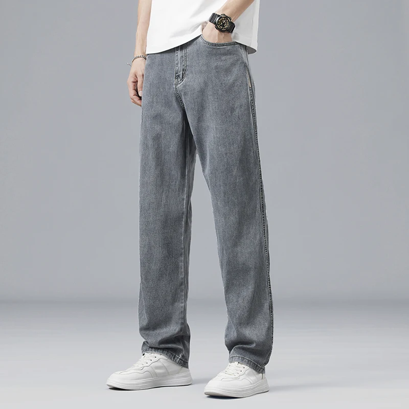Summer Ultra-thin Lyocell Men's Jeans Drape Soft Fabric Loose Straight Casual Denim Pants Elastic Ice Silk Male Trousers thumbnail 3