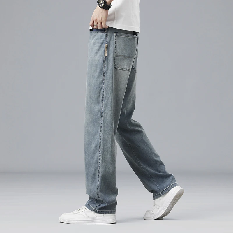 Summer Ultra-thin Lyocell Men's Jeans Drape Soft Fabric Loose Straight Casual Denim Pants Elastic Ice Silk Male Trousers thumbnail 6