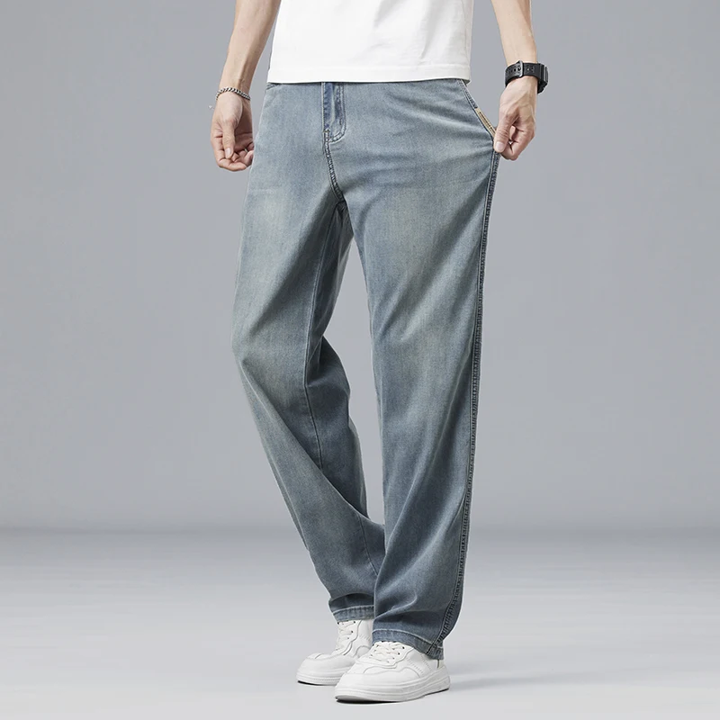 Summer Ultra-thin Lyocell Men's Jeans Drape Soft Fabric Loose Straight Casual Denim Pants Elastic Ice Silk Male Trousers thumbnail 5