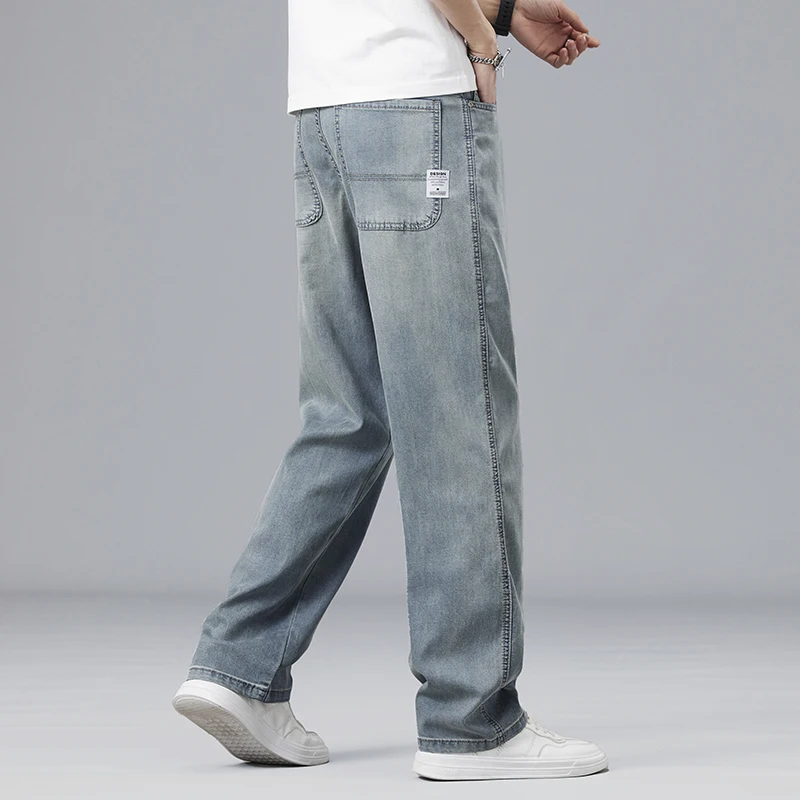 Summer Ultra-thin Lyocell Men's Jeans Drape Soft Fabric Loose Straight Casual Denim Pants Elastic Ice Silk Male Trousers thumbnail 4