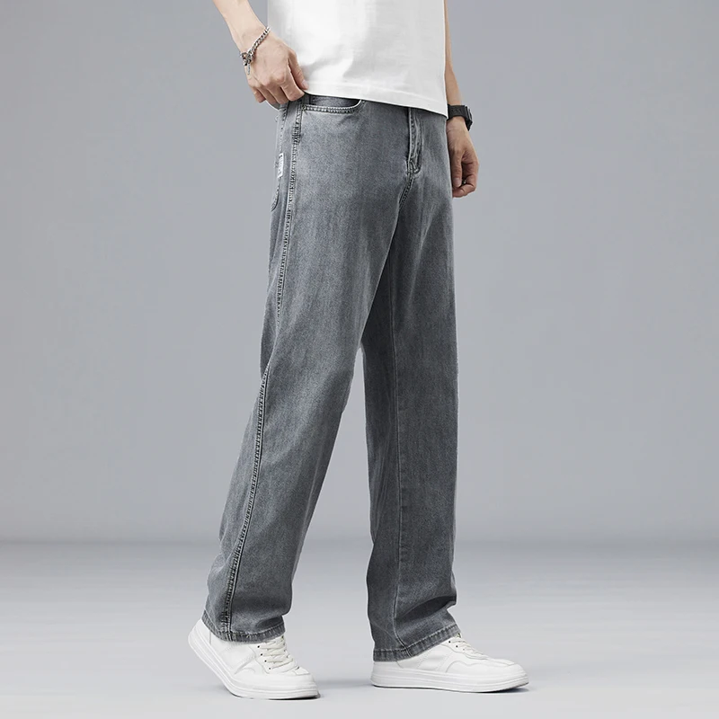 Summer Ultra-thin Lyocell Men's Jeans Drape Soft Fabric Loose Straight Casual Denim Pants Elastic Ice Silk Male Trousers thumbnail 2