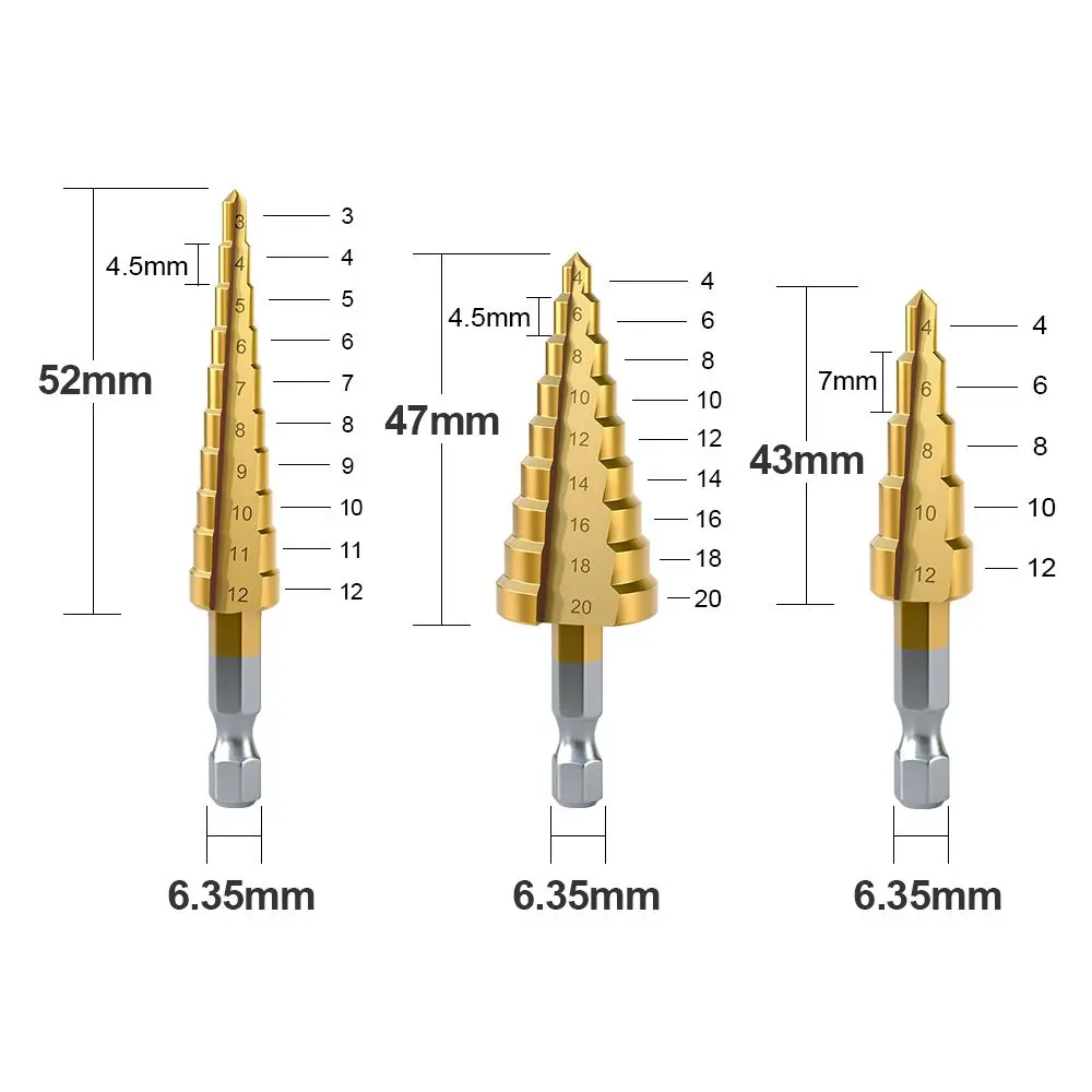 Hss Steel Titanium Coated Step Drill Bits 3-12mm 4-12mm 4-20mm Step Cone Cutting Tools Steel Wood Metal Drilling Power Set thumbnail 2