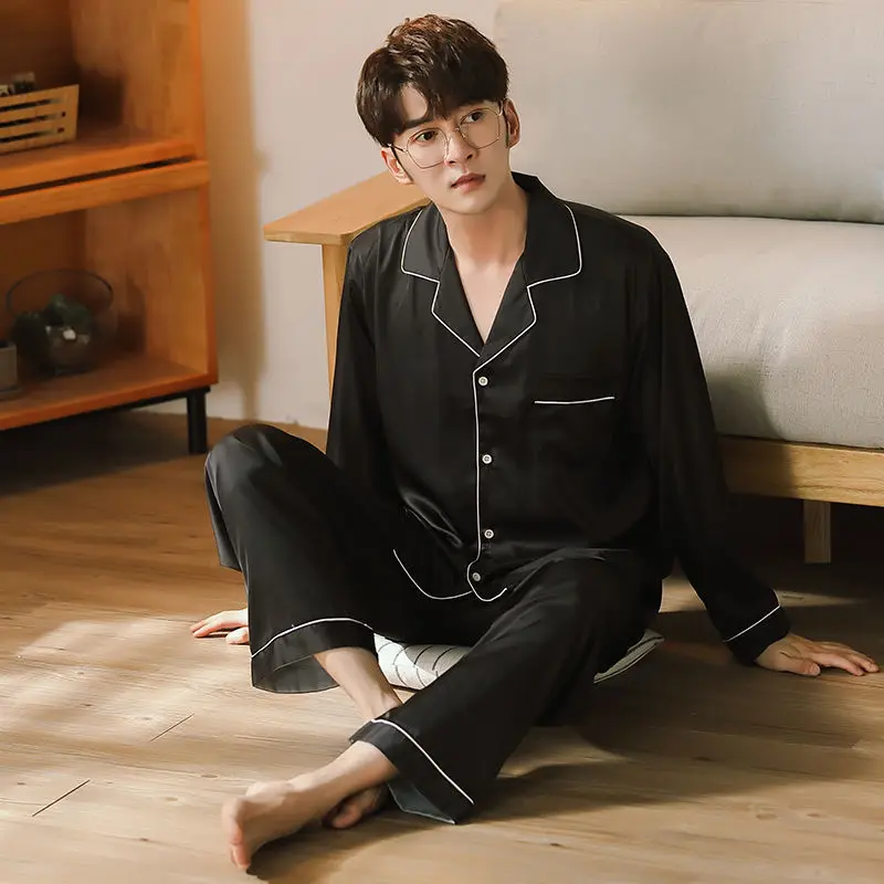 Men Pajamas Set Winter Sleepwear For Man Shirt Long Sleeve Pijama Male Silk Satin Sleeping Home Night Wear Big Size Loungewear thumbnail 4