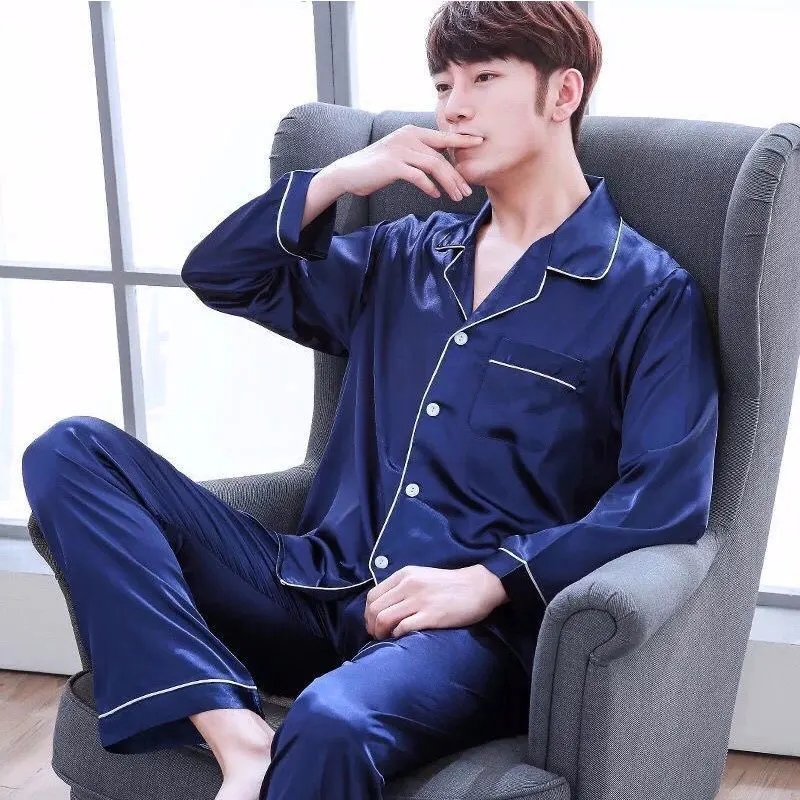 Men Pajamas Set Winter Sleepwear For Man Shirt Long Sleeve Pijama Male Silk Satin Sleeping Home Night Wear Big Size Loungewear thumbnail 2