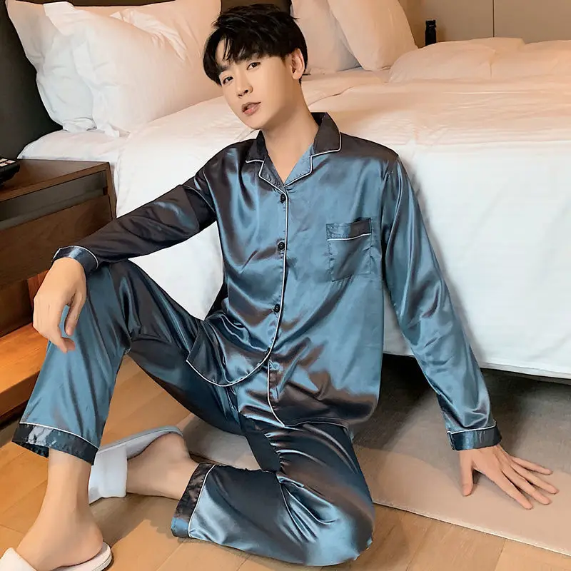Men Pajamas Set Winter Sleepwear For Man Shirt Long Sleeve Pijama Male Silk Satin Sleeping Home Night Wear Big Size Loungewear thumbnail 3