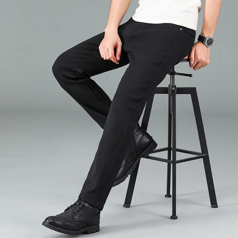 Men's Pure Black Slim Jeans Elastic Straight Pants Business Fashion Leisure Korean Vintage Skinny Small Feet Denim Pants Male thumbnail 3