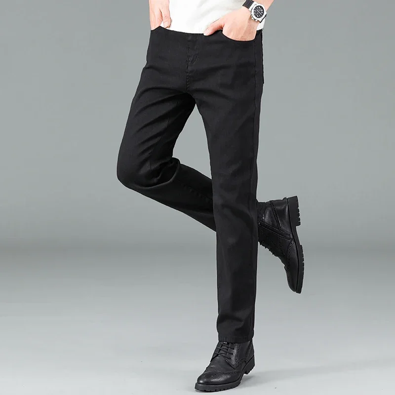 Men's Pure Black Slim Jeans Elastic Straight Pants Business Fashion Leisure Korean Vintage Skinny Small Feet Denim Pants Male thumbnail 4