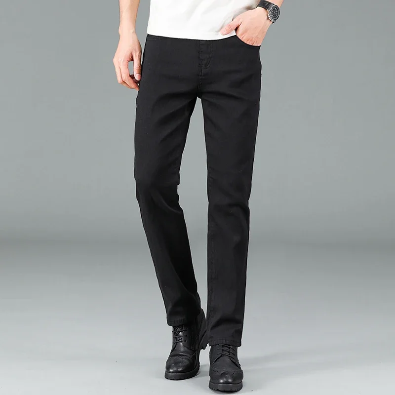 Men's Pure Black Slim Jeans Elastic Straight Pants Business Fashion Leisure Korean Vintage Skinny Small Feet Denim Pants Male thumbnail 2