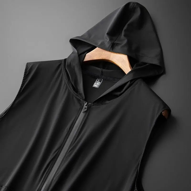 Young Style Trend Summer Ice Silk Fabric Men's Solid Hooded Zip Fastener Pockets Fashion Casual Loose Sleeveless Vests Tops thumbnail 2