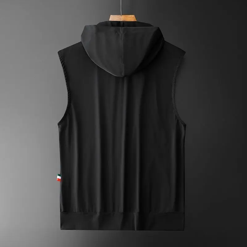 Young Style Trend Summer Ice Silk Fabric Men's Solid Hooded Zip Fastener Pockets Fashion Casual Loose Sleeveless Vests Tops thumbnail 3