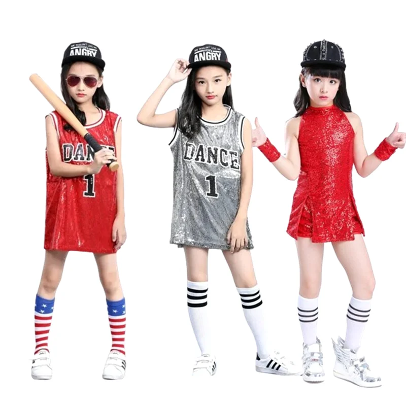 Girls Hip Hop Sequins Dance Costume Glitter Tank Top with Socks Stage Performance Mordern Jazz Carnival Outfits 5-12 Years