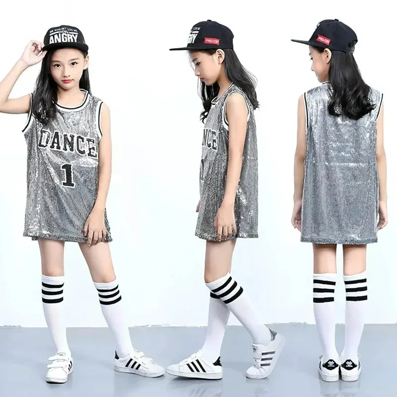 Girls Hip Hop Sequins Dance Costume Glitter Tank Top with Socks Stage Performance Mordern Jazz Carnival Outfits 5-12 Years thumbnail 5