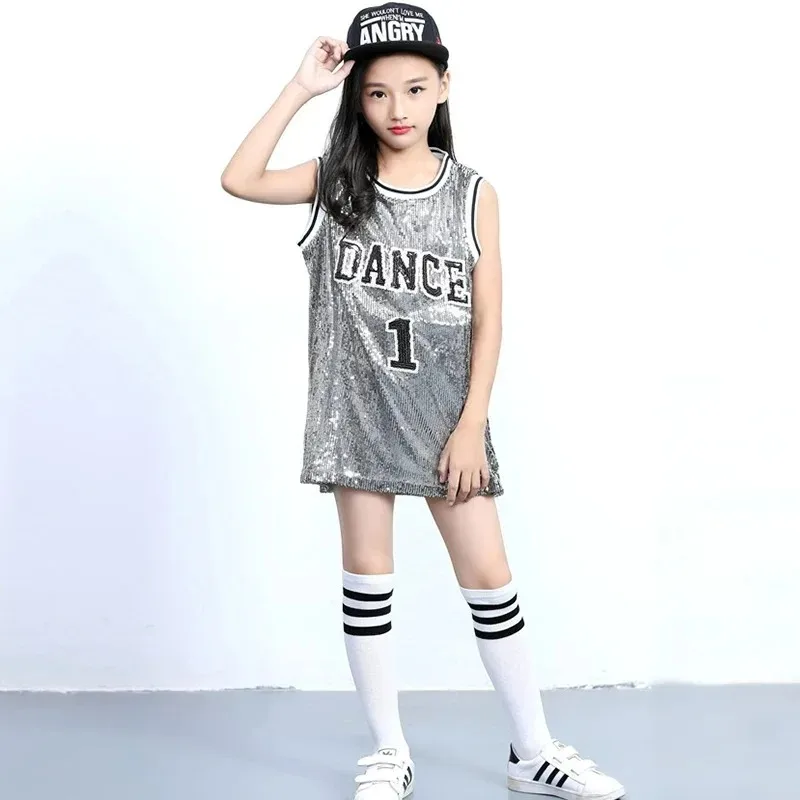 Girls Hip Hop Sequins Dance Costume Glitter Tank Top with Socks Stage Performance Mordern Jazz Carnival Outfits 5-12 Years thumbnail 3