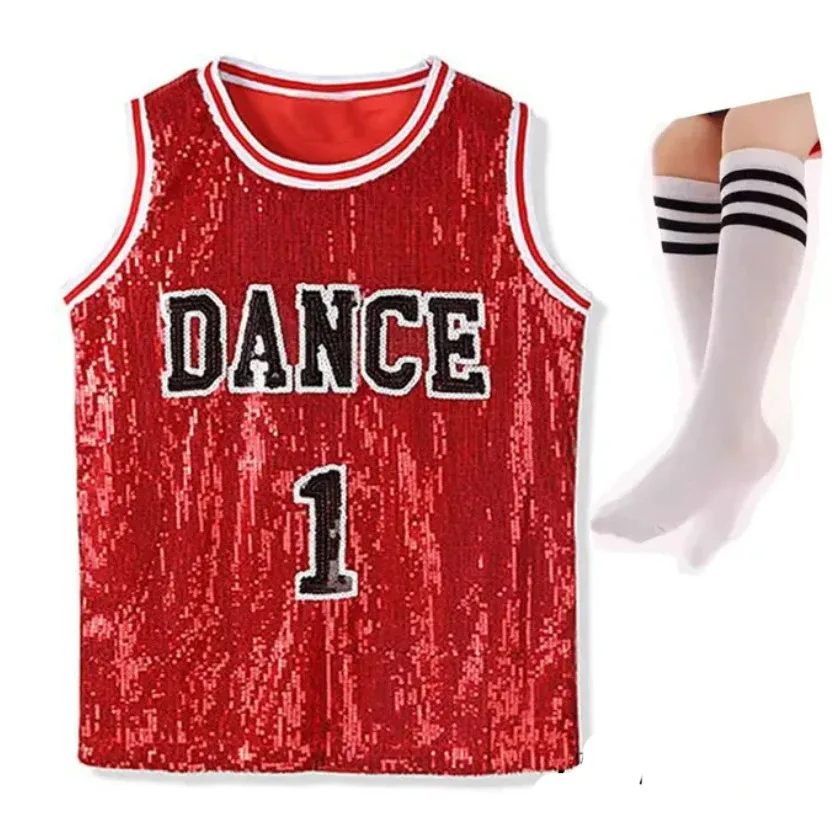 Girls Hip Hop Sequins Dance Costume Glitter Tank Top with Socks Stage Performance Mordern Jazz Carnival Outfits 5-12 Years thumbnail 6