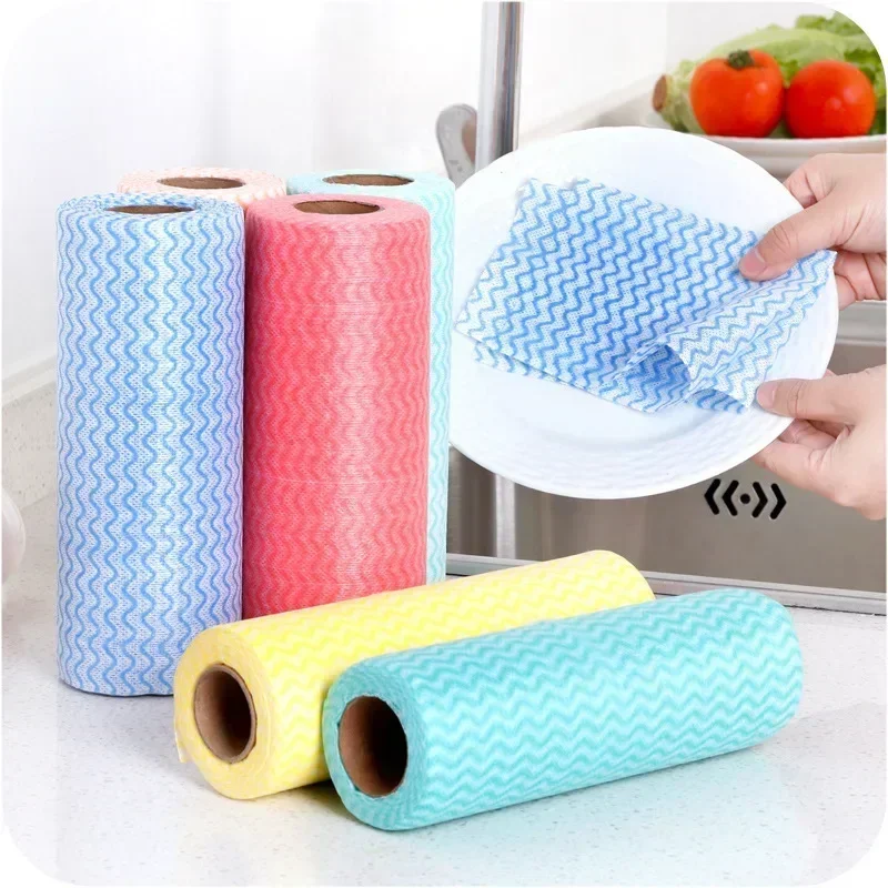 50Pcs/Roll Dishcloth Disposable Kitchen Cloth Roll Kitchen Dishcloth Cleaning Cloth Lazy Person Tear Off Non-woven Fabric