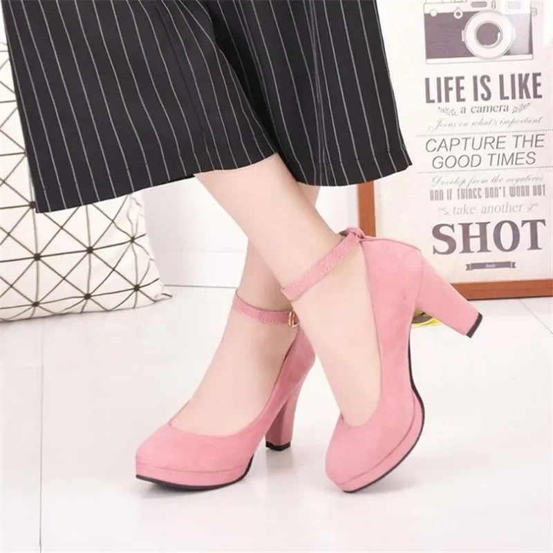 Spring Women Pumps Flock Sweet Thick High Heels Ankle Strap Female Platform Classic Round Toe Dress Cute Shoes Ladies Footwear thumbnail 4