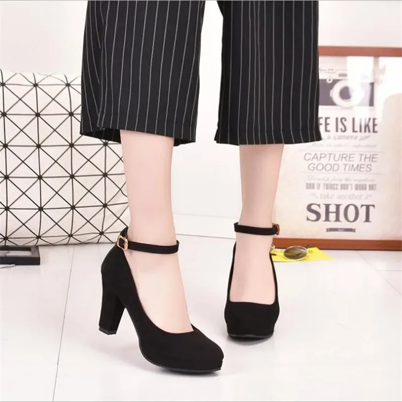 Spring Women Pumps Flock Sweet Thick High Heels Ankle Strap Female Platform Classic Round Toe Dress Cute Shoes Ladies Footwear thumbnail 2