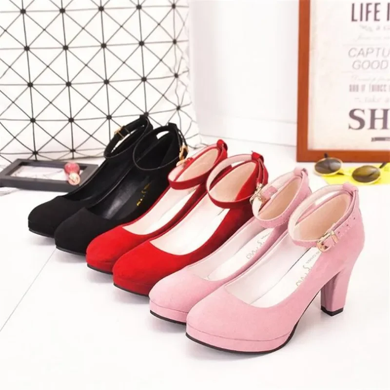 Spring Women Pumps Flock Sweet Thick High Heels Ankle Strap Female Platform Classic Round Toe Dress Cute Shoes Ladies Footwear thumbnail 5