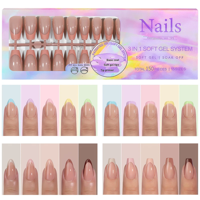 150Pcs/Box Acrylic Press on Nails Full Cover Fake False Tips Soft Gel Extension T-shaped Oval Capsule Almond Sculpted Salon DIY thumbnail 2