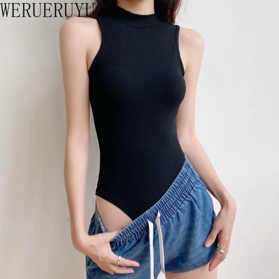 Sleeveless Y2k Bodysuit Women Sexy Tops Youthful Summer Clothes White Body Knitted Turtleneck Tank Top Jumpsuits for Women 2024 thumbnail 3