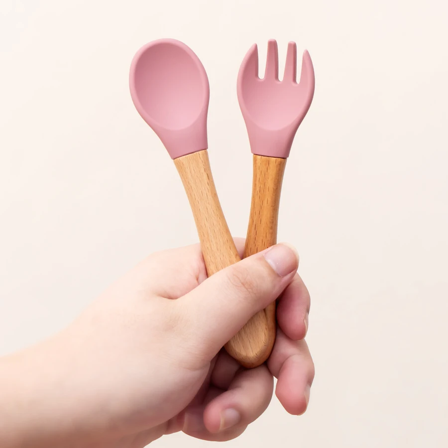 2PCS/Set Silicone Baby Spoon Fork Feeding Training Cutlery Wooden Handle Baby Utensils Children Care Tools Baby Tableware thumbnail 2