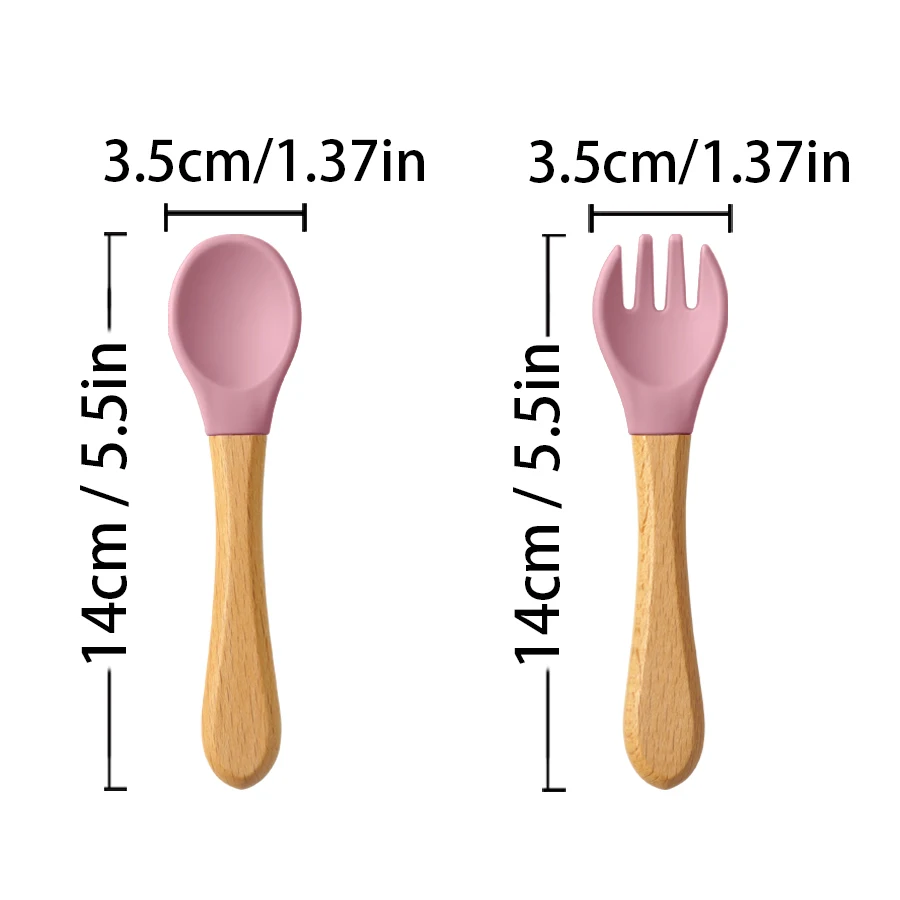 2PCS/Set Silicone Baby Spoon Fork Feeding Training Cutlery Wooden Handle Baby Utensils Children Care Tools Baby Tableware thumbnail 6
