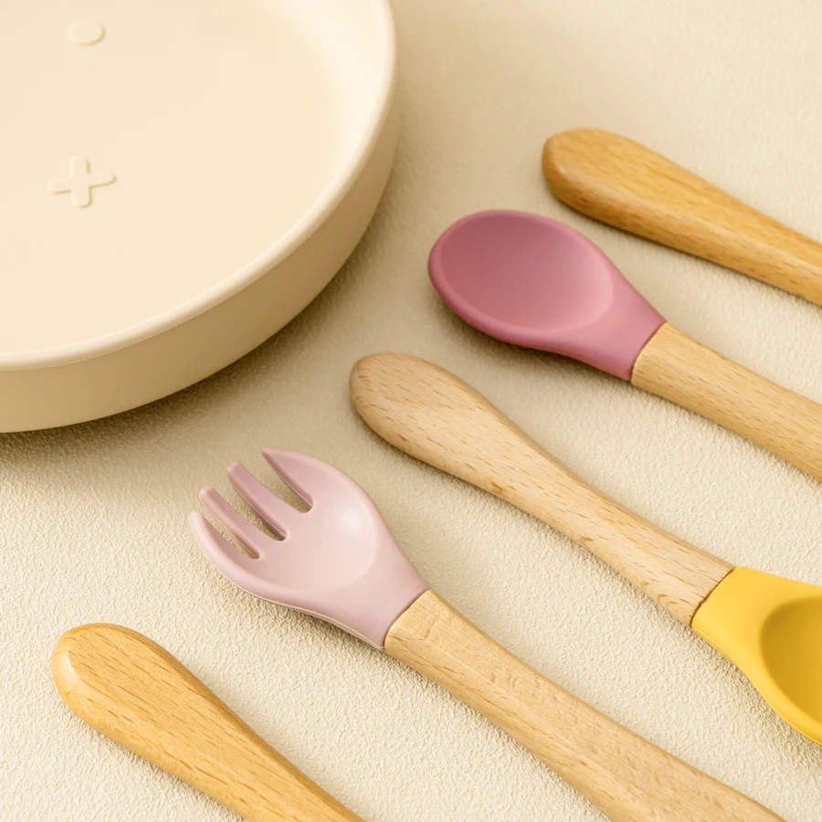 2PCS/Set Silicone Baby Spoon Fork Feeding Training Cutlery Wooden Handle Baby Utensils Children Care Tools Baby Tableware thumbnail 3