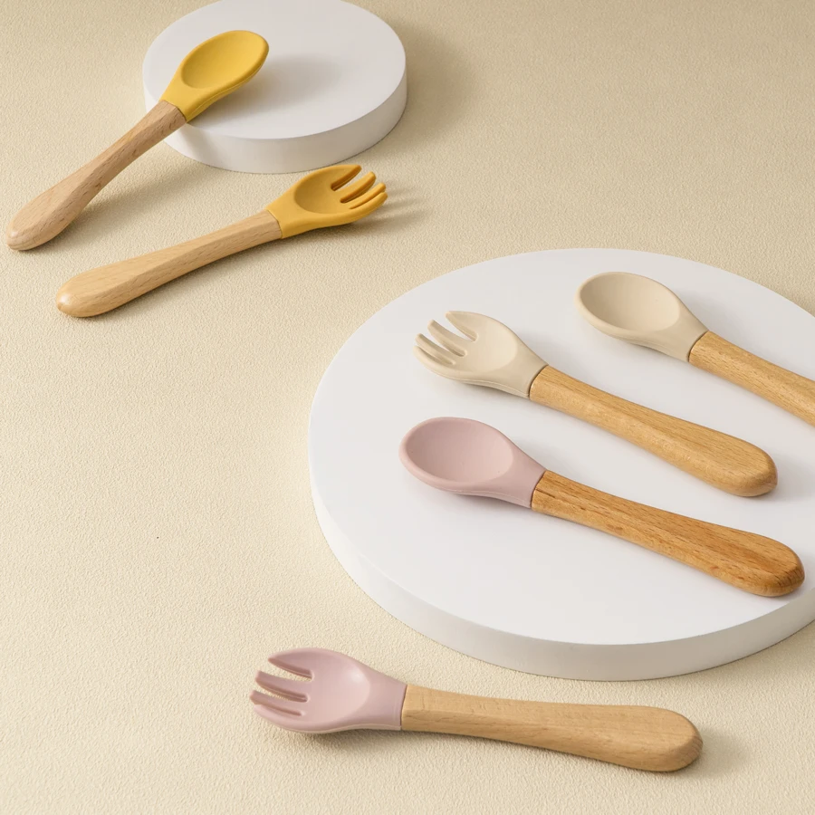 2PCS/Set Silicone Baby Spoon Fork Feeding Training Cutlery Wooden Handle Baby Utensils Children Care Tools Baby Tableware thumbnail 4