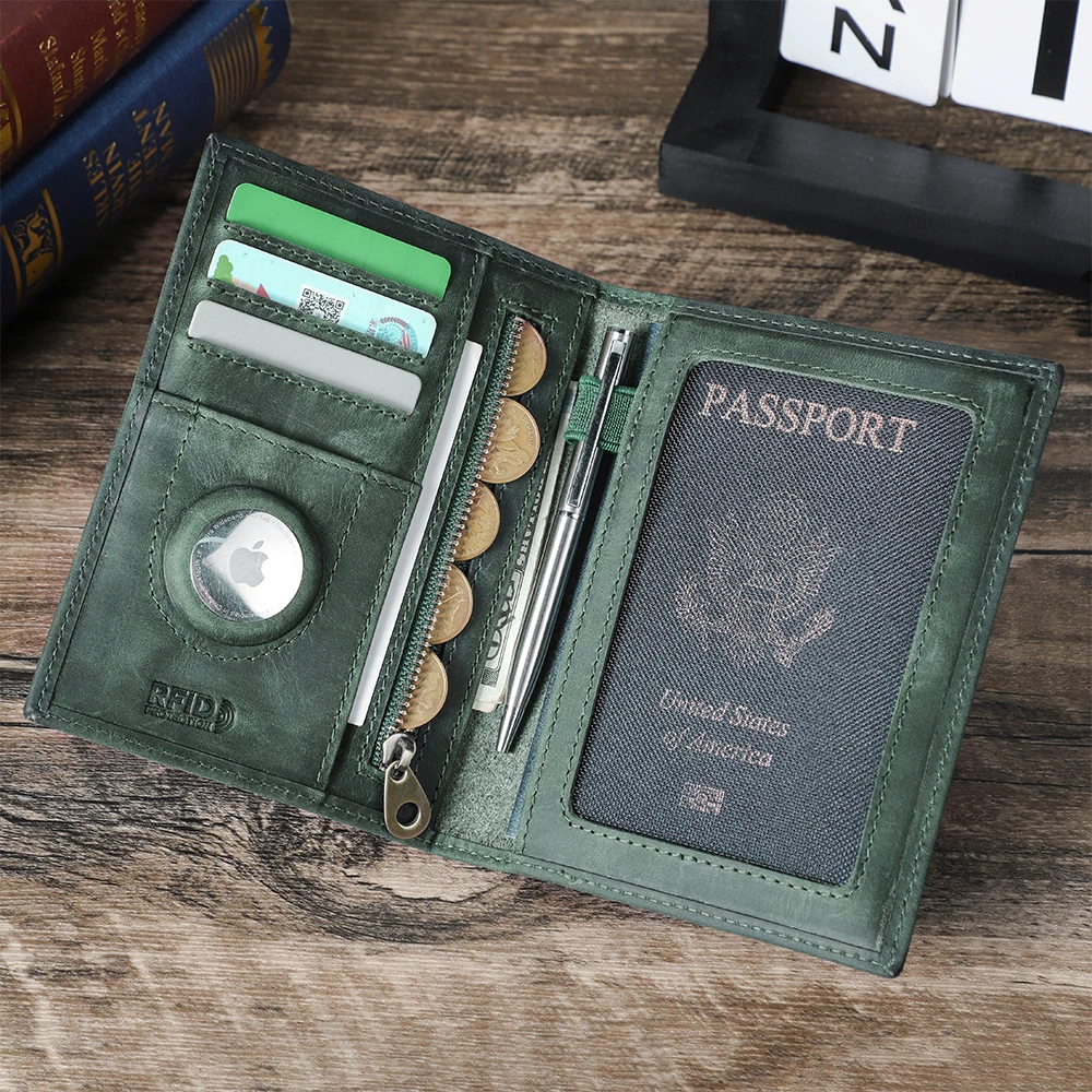 Genuine Cow Leather Passport Holder Travel Wallet with Airtag Case Anti-lost Pocket Pen Card Holder RFID Blocking Passport Cover thumbnail 2