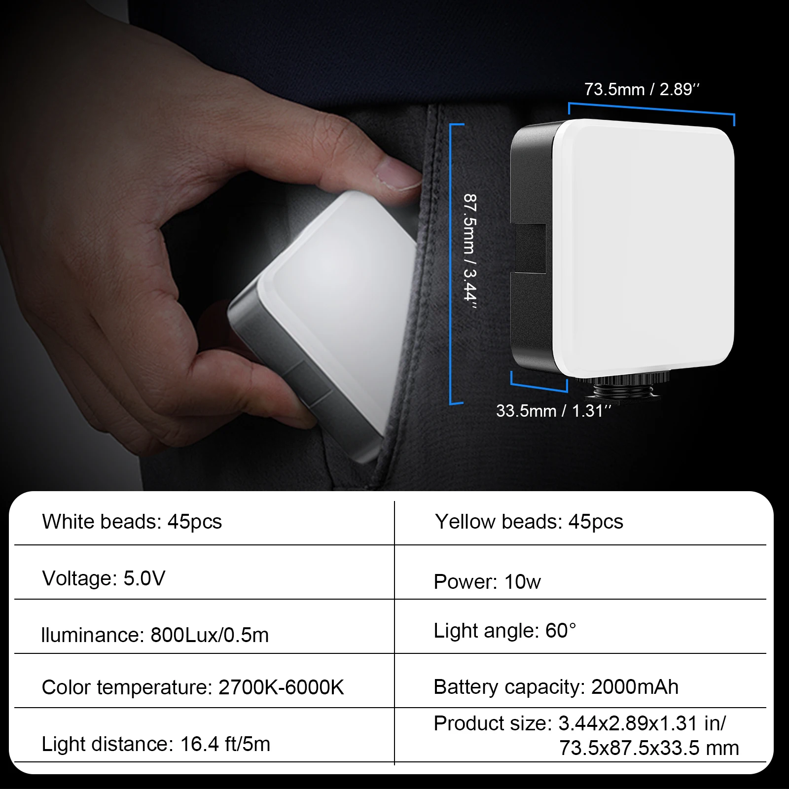 WEYLLAN Led Light for Camera and Tripod Mini Portable Light Selfie Rechargeable Video Lighting Cold Shoe Adjusted 3 Light Modes thumbnail 6