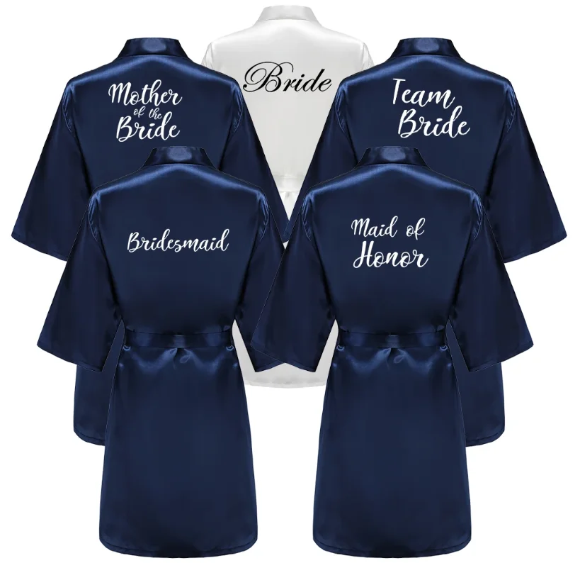 Satin Silk Robes Plus Size Wedding Bathrobe Bride Bridesmaid Mother Maid of Honor Gown Women Clothing Sleepwear Navy Blue