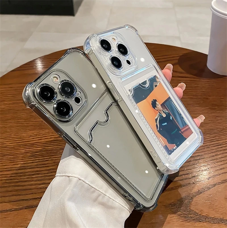 Transparent Card Slot Bag Holder Phone Case For iPhone 15 14 13 12 11 Pro Max X XS Clear Wallet Silicone Shockproof Back Cover thumbnail 3